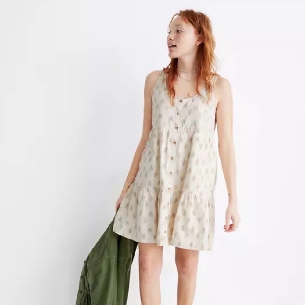 Madewell Beige Ikat Print Sleeveless Button Down Tiered Lined Dress Sz S
